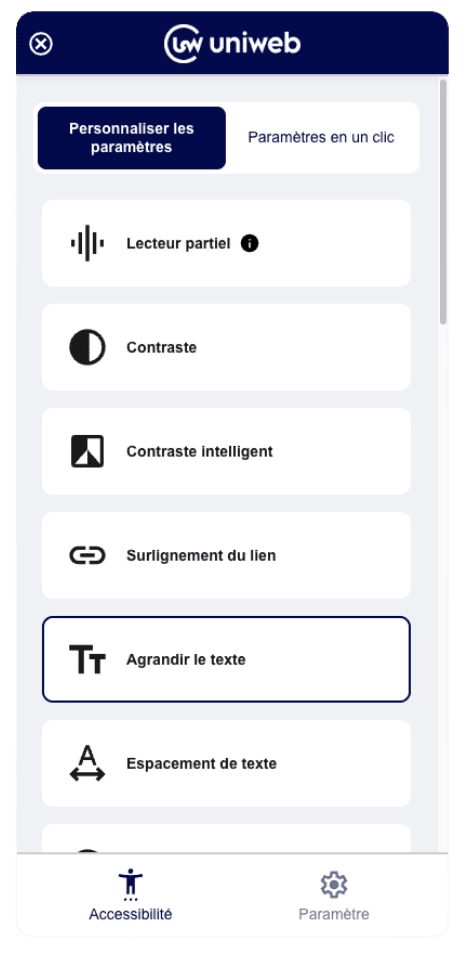 Interface utilisateur de la plateforme UniWeb montrant les options d'accessibilité disponibles, incluant les réglages de contraste, la navigation clavier et les outils d'assistance
