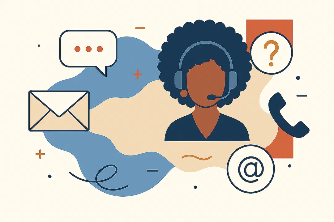 Illustration d’un support client avec une personne portant un casque-micro et des icônes d’email, téléphone et message